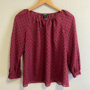 J Crew Burgundy Blouse with blue polka dots | XS